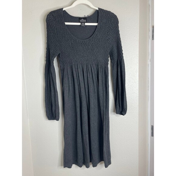 Angie Smocked Babydoll Dress L – Charcoal Gray Long Sleeve Boho Peasant Style - Picture 1 of 5